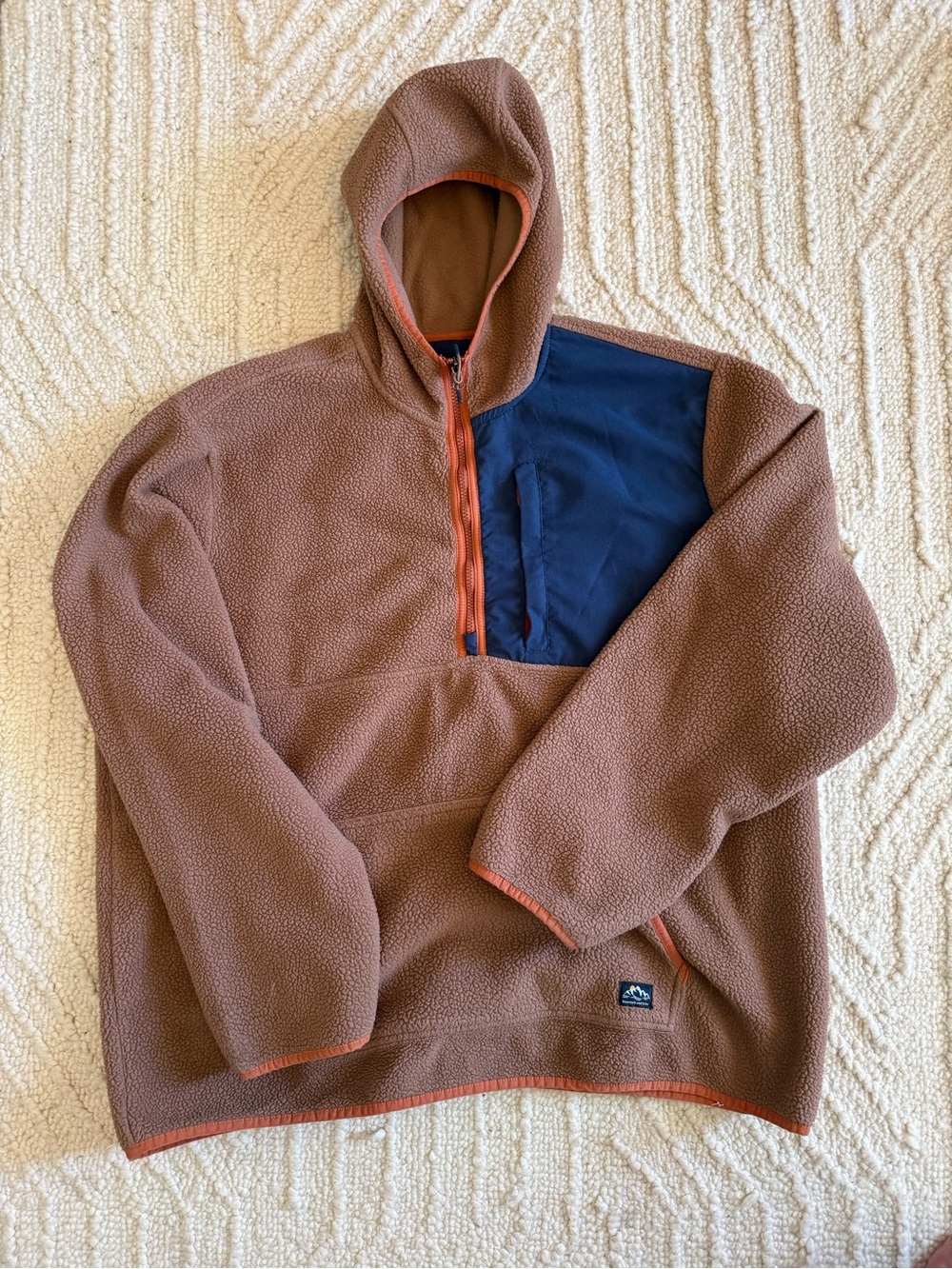 Men's Brown Half-Zip Hooded Fleece with Navy Chest Panel